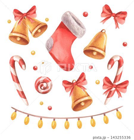 Watercolor Christmas decorations with a stocking, bells and candy canes on white background. Hand-painted holiday sticker elements. Festive clipart for seasonal cards, gift wrap and crafts. 143255336