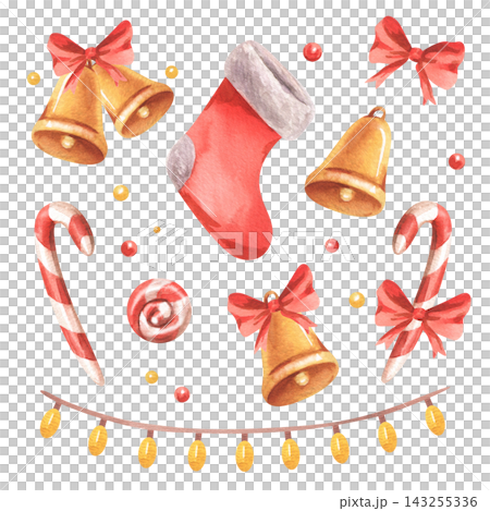 Watercolor Christmas decorations with a stocking, bells and candy canes on white background. Hand-painted holiday sticker elements. Festive clipart for seasonal cards, gift wrap and crafts. 143255336