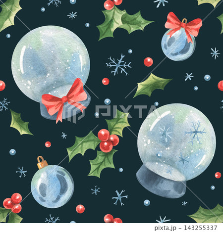 Watercolor Christmas bauble and holly seamless pattern. Hand-painted holiday ornaments repeat with snowflakes and berries. Festive winter textile and wrapping paper design. 143255337