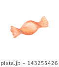 A watercolor illustration of a sweet candy in an orange wrapper. A hand-drawn festive treat perfect for Halloween, Christmas, or a birthday. A gift worthy hard candy for children; a wrapped lollipop. 143255426
