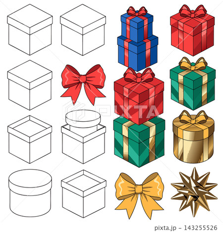 The image shows a step-by-step drawing and coloring guide for various gift boxes and decorative bows The image shows a step-by-step drawing and coloring guide for various gift boxes and decorative bows 143255526
