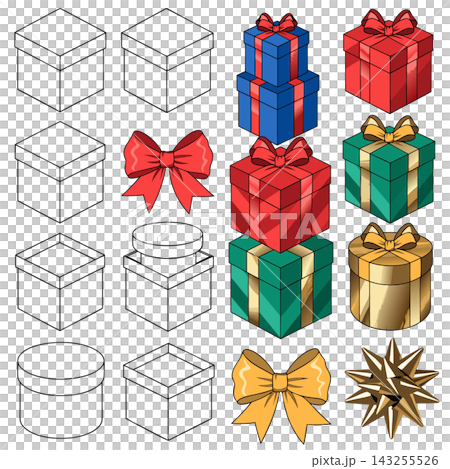 The image shows a step-by-step drawing and coloring guide for various gift boxes and decorative bows The image shows a step-by-step drawing and coloring guide for various gift boxes and decorative bows 143255526