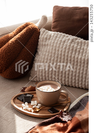 Cozy hot chocolate with marshmallows and chocolate squares on a wooden tray near plush pillows and a checkered blanket 143255750