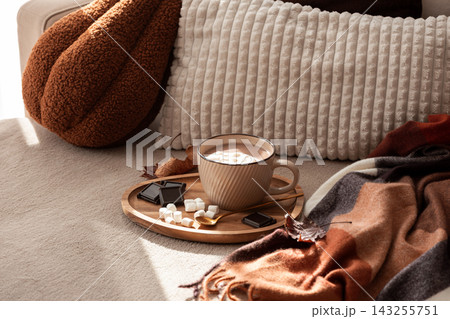 Cozy mug of hot chocolate with marshmallows and chocolate pieces on a tray beside a soft blanket. Cozy mug of hot chocolate with marshmallows and chocolate pieces on a tray beside a soft blanket. 143255751
