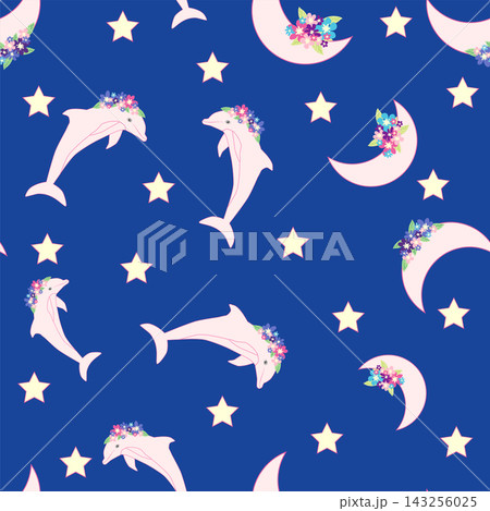 Children's print for newborns with sea animals. Animal in a wreath among the stars and crescent moon Children's print for newborns with sea animals. Animal in a wreath among the stars and crescent moon 143256025