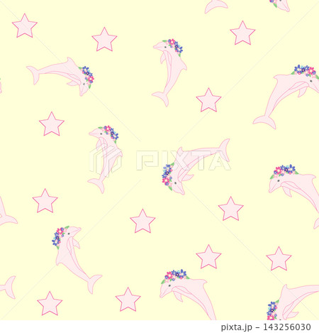 Children's print for newborns with sea animals. Animal in a wreath among the stars and crescent moon 143256030