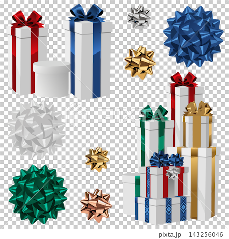 The image shows a collection of white gift boxes with colorful ribbons The image shows a collection of white gift boxes with colorful ribbons 143256046