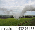 Steam and smoke plume across Devon countryside from narrow-gauge railway, Exmoor 143256153