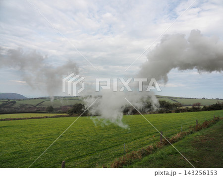 Steam and smoke plume across Devon countryside from narrow-gauge railway, Exmoor 143256153
