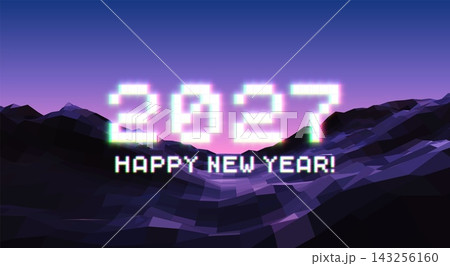 Pixel 2027 Happy New Year greeting above dark polygon mountain landscape 143256160