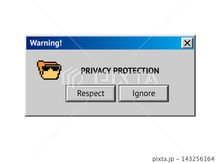 Vintage privacy protection warning popup with folder shield icon and respect ignore buttons 143256164