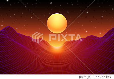 Golden glowing sun above red wireframe mountains and bright orange horizon at night 143256165