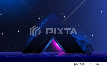 Dark geometric pyramid beneath starry night sky with glowing triangular portal 143256166