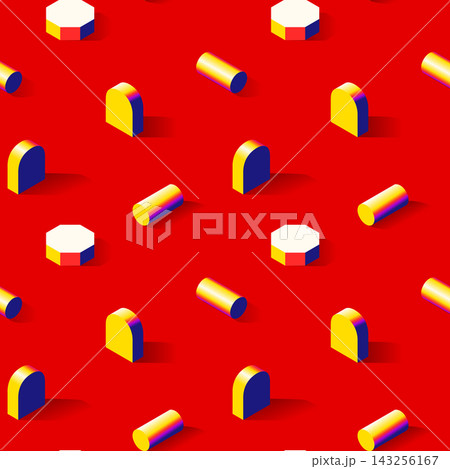 Repeating isometric arches cylinders and octagonal blocks on bright red background 143256167