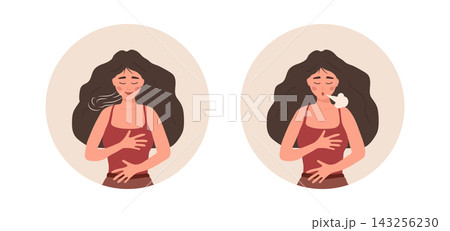 Deep breath exercise. Female character breathing fresh air. Relaxation and meditation for mindfulness or stress relief. Vector illustration in flat style Deep breath exercise. Female character breathing fresh air. Relaxation and meditation for mindfulness or stress relief. Vector illustration in flat style 143256230