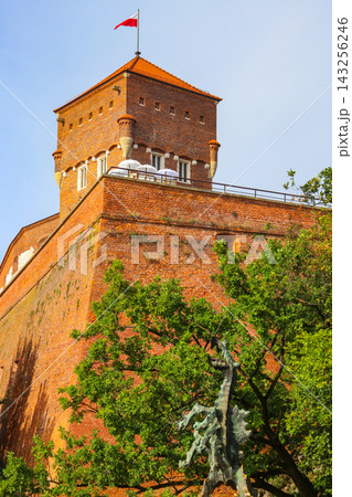 The historic bronze statue of the Wawel Dragon (Smok Wawelski) breathing real fire by the medieval castle wall in Krakow, Poland The historic bronze statue of the Wawel Dragon (Smok Wawelski) breathing real fire by the medieval castle wall in Krakow, Poland 143256246