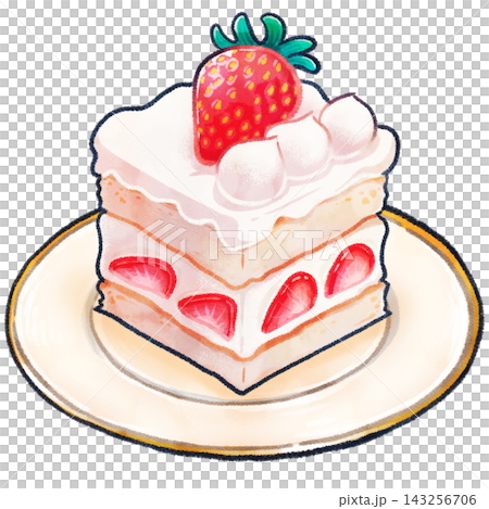 A hand-drawn illustration of a square strawberry cake on a plate. 143256706