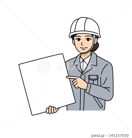 ヘルメットとグレー作業着を着用してパネルや書類を指さし説明する女性上司イラスト 143257030