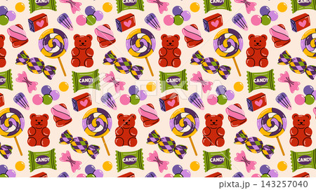 Cute cartoon seamless pattern with colorful illustration of lollipops, bubble gums, caramel, candy canes, wrapped candies, chocolate, jelly bears, fruit sweets and marshmallows for design and printing 143257040