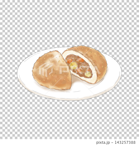 Curry bread cut in half Curry bread cut in half 143257388