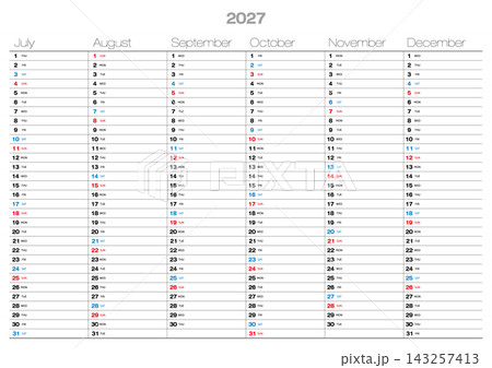 2027年の半年カレンダー7月～12月メモ書き込みが可能 日本の祝日表記無し 143257413