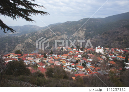 Panoramic view of the mountain village of Palaichori in Cyprus 143257582