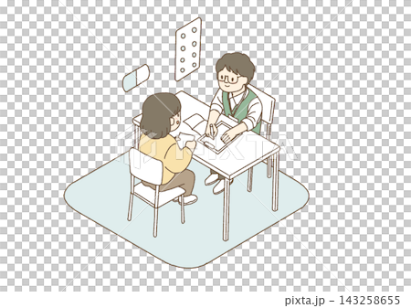 插圖描繪了一名志工在疏散中心檢查災民藥記錄的情景。 143258655