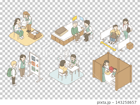 A set of 6 disaster preparedness illustrations for evacuation shelters that are considerate of diverse needs. A set of 6 disaster preparedness illustrations for evacuation shelters that are considerate of diverse needs. 143258657
