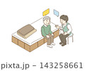 避難所で高齢者に困りごとを聞き取るボランティアのイラスト 143258661