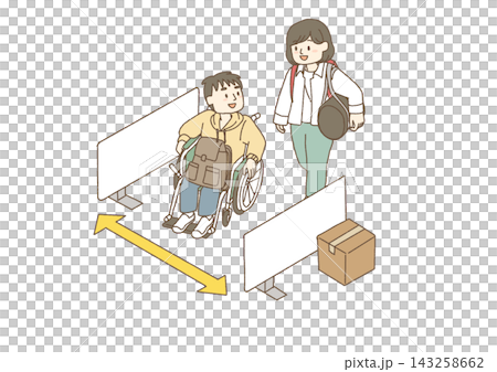 An illustration of an evacuation center with a wheelchair-accessible pathway. An illustration of an evacuation center with a wheelchair-accessible pathway. 143258662