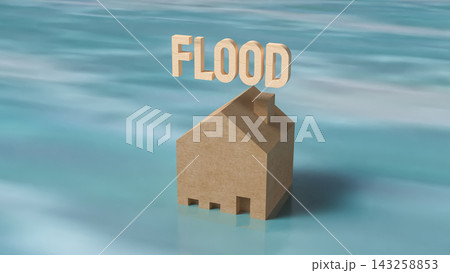 Wooden House Surrounded by Floodwater with Flood Warning Text 3d render. Wooden House Surrounded by Floodwater with Flood Warning Text 3d render. 143258853