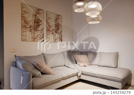 Neutral living room featuring plush sectional sofa, botanical triptych wall art, soft beige and gray upholstery, warm ambient lighting from hanging pendant lamps over cozy seating 143259279