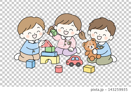 An illustration of three preschool children happily playing with building blocks and stuffed animals. (Image of indoor playtime at a nursery or kindergarten.) An illustration of three preschool children happily playing with building blocks and stuffed animals. (Image of indoor playtime at a nursery or kindergarten.) 143259935