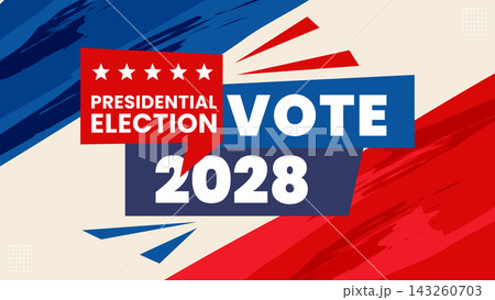 2028 US presidential election graphic with vote text, stars, and red white blue patriotic elements. 2028 US presidential election graphic with vote text, stars, and red white blue patriotic elements. 143260703