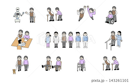 高齢者の介護と暮らしを表現した人物イラストセット 143261101