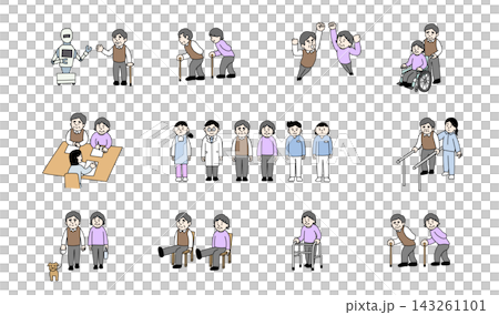 高齢者の介護と暮らしを表現した人物イラストセット 143261101