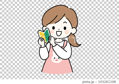 An illustration of a new nursery school teacher/kindergarten teacher smiling and showing off a beginner's mark. An illustration of a new nursery school teacher/kindergarten teacher smiling and showing off a beginner's mark. 143261106