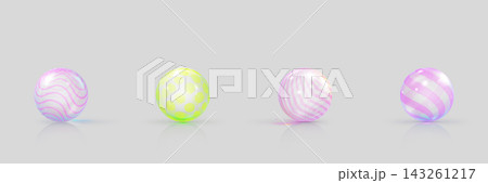 A set of transparent glass spheres with various pink stripes and round green spots. 143261217