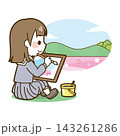 野外で絵を描く女の子（写生大会） 143261286