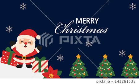 Merry Christmas Banner with Santa Claus and Pine Trees.Vector Illustration 143261535