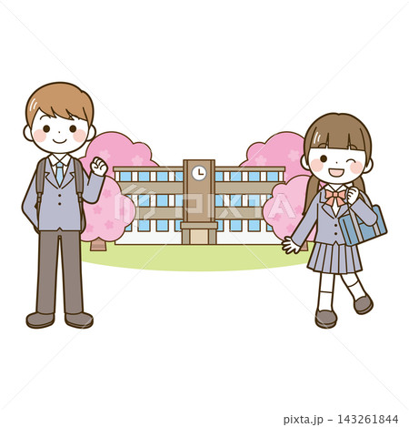 入学 高校生と学校と桜 入学 高校生と学校と桜 143261844