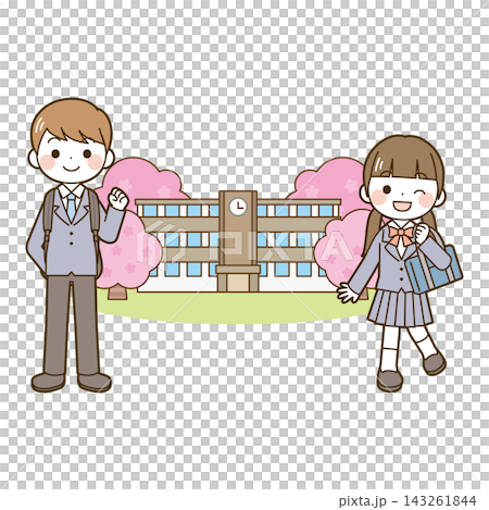 入学 高校生と学校と桜 入学 高校生と学校と桜 143261844