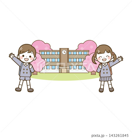 入学　小学生と学校と桜 143261845