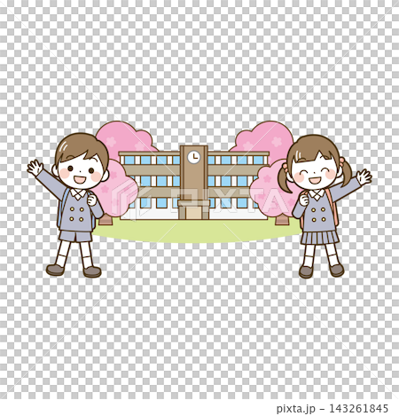 入学　小学生と学校と桜 143261845