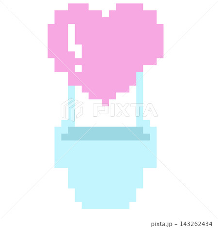 Cute pixel art heart hot air balloon, 8-bit romantic flying balloon illustration 143262434