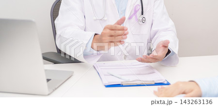 Doctor and patient having a medical consultation for light purple ribbon for concept of All cancer, April Esophageal Cancer, November gastric and Stomach cancer, Hodgkin Lymphoma and World cancer day Doctor and patient having a medical consultation for light purple ribbon for concept of All cancer, April Esophageal Cancer, November gastric and Stomach cancer, Hodgkin Lymphoma and World cancer day 143263136