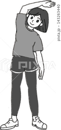 腕を伸ばして体操・ストレッチをする女性の線画イラスト 手書き風デフォルメ（健康・ヨガ・運動・リフレッ 143263440