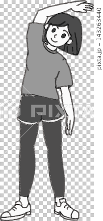 腕を伸ばして体操・ストレッチをする女性の線画イラスト 手書き風デフォルメ（健康・ヨガ・運動・リフレッ 143263440