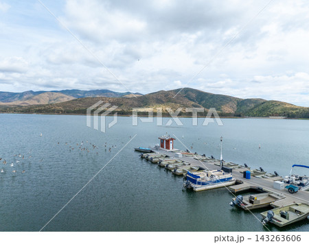 Aerial view Otay Lakes County Park in Chula Vista, California, a scenic view of a mountain range 143263606