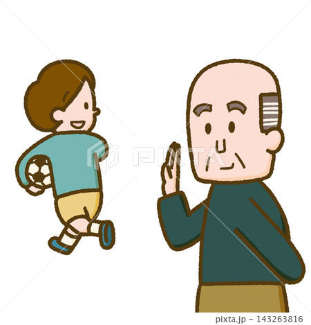 声かけする近所のおじいさんと男の子 声かけする近所のおじいさんと男の子 143263816